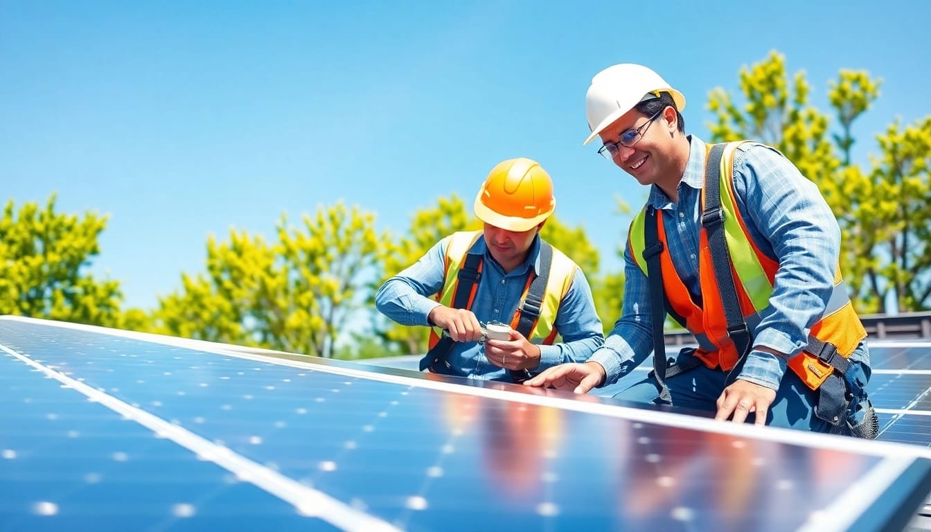 Solar repair company New Jersey technicians performing maintenance on solar panels in an eco-friendly setting.