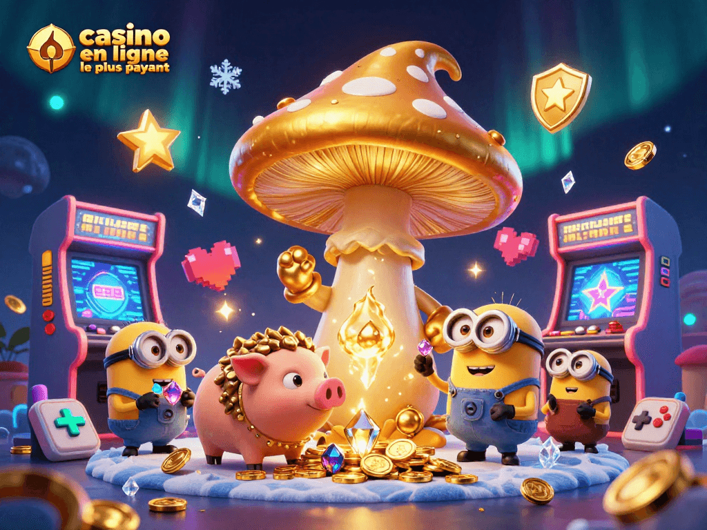 Illustration dynamique d'un casino en ligne le plus payant avec un mage doré et des jeux colorés.