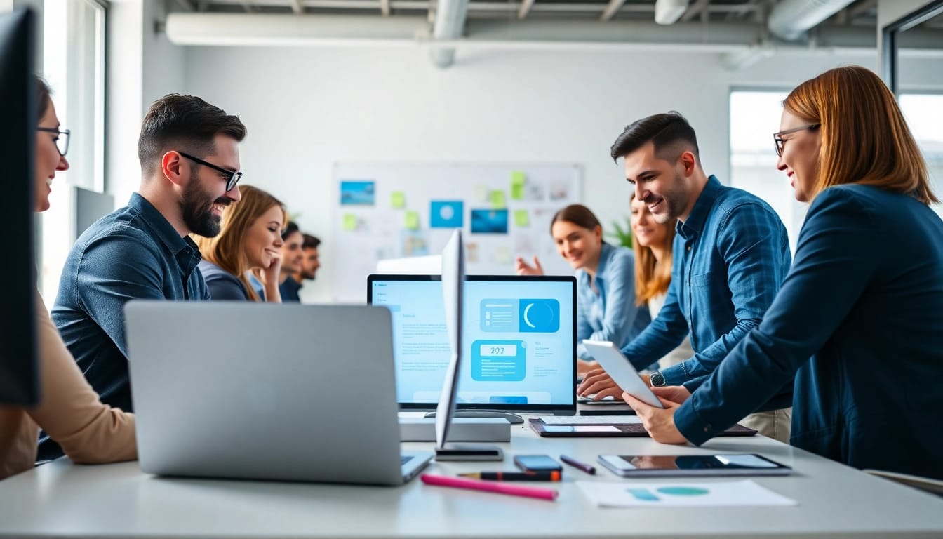 Showcase of a team engaged in Custom Shopify development in a modern workspace.