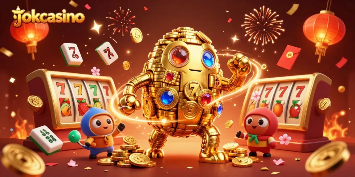 Engage with jokacasino's vibrant 3D illustration showcasing dynamic slot elements and celebratory effects.