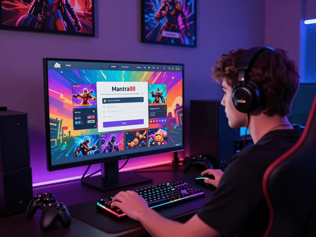mantra88 login interface with user focused on gaming options and vibrant graphics
