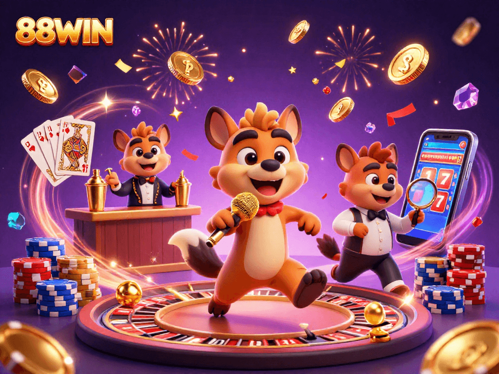 Join the vibrant world of 88WIN casino as hyenas entertain at a comedy club filled with action and excitement.