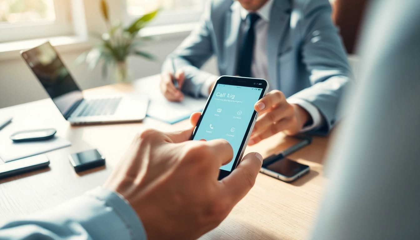 Check telephone number using a smartphone in a modern office environment for verification.