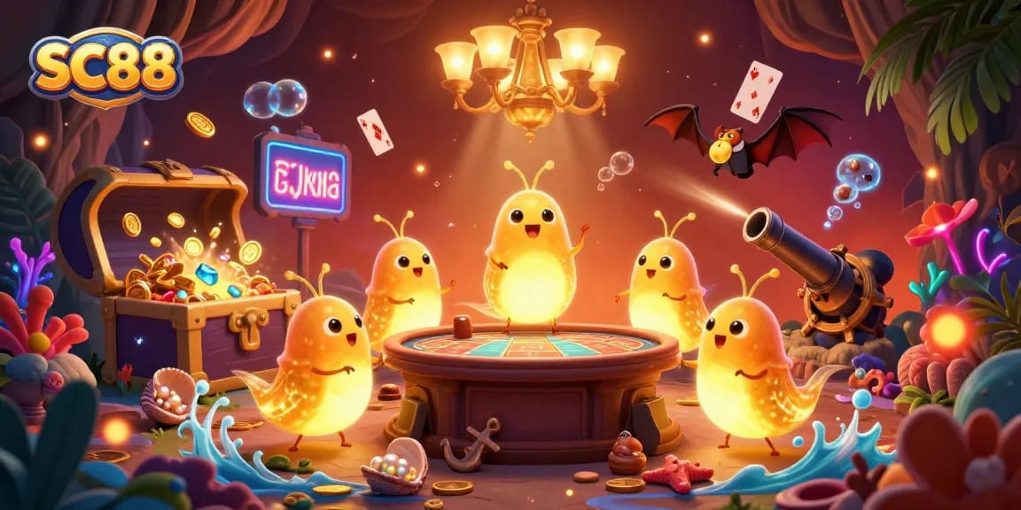 Engage in thrilling games at SC88 with bioluminescent glowworms lighting the vibrant casino.