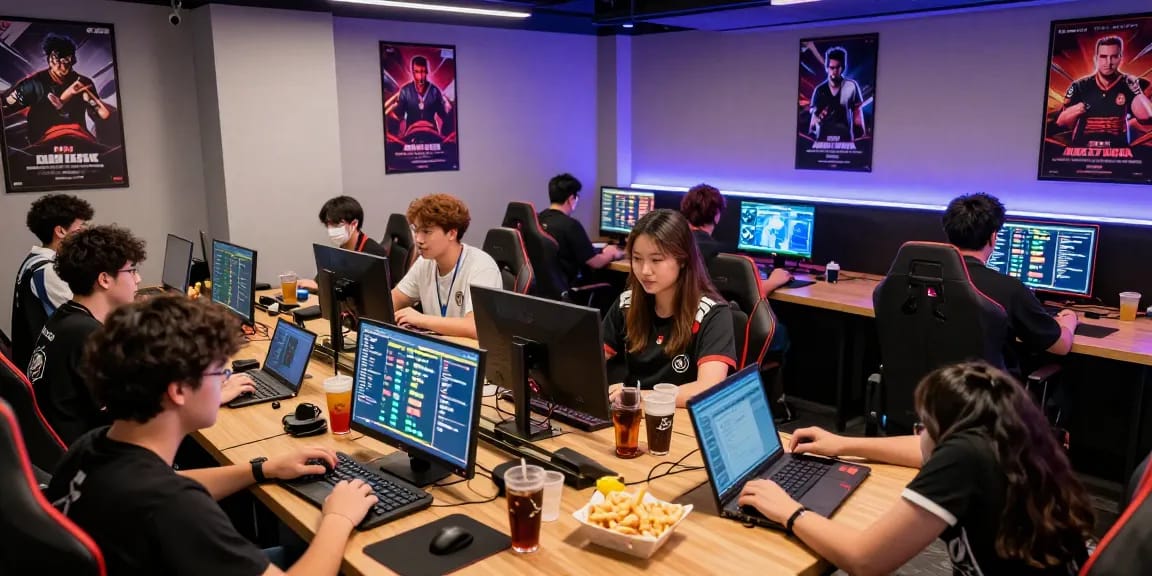 Engaged group participating in 롤배팅 while analyzing live esports matches in a vibrant gaming lounge.
