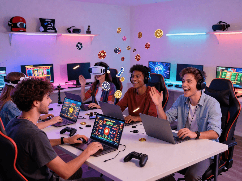 Engaged players participating in a lively crypto casino environment with digital tokens and gaming devices.