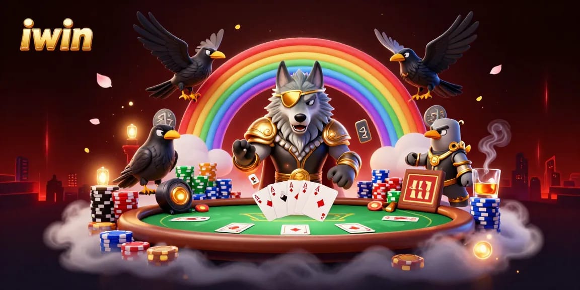 iwin gambling scene with a Viking-inspired wolf and ravens surrounded by poker tables and chips