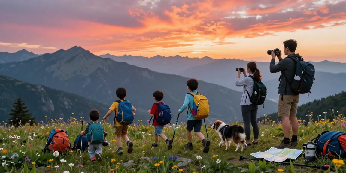 Family adventure exploring mountain scenery at sunset with backpacks, reflecting the spirit of thatmountainlife.com.