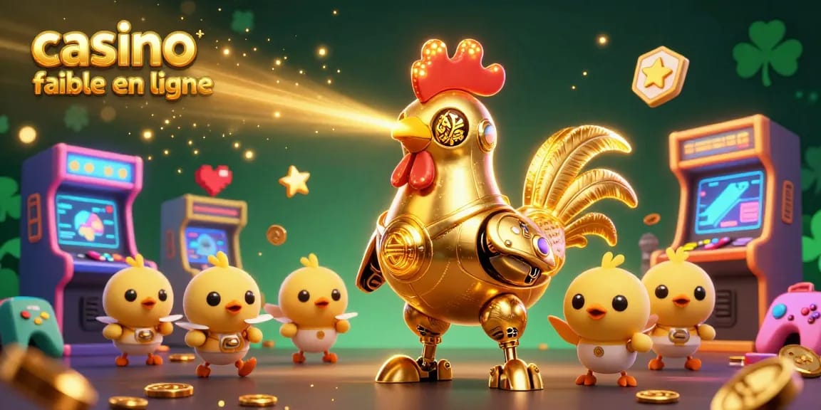 Le visuel captivant d'un casino fiable en ligne, illustrant un robot coq en or et des drones, plongés dans un monde de jeux animés.