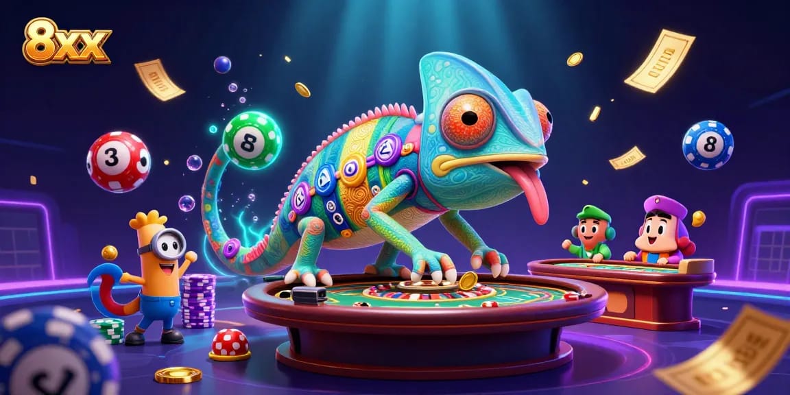 8xx casino owner chameleon enjoying dynamic gaming action with lottery elements and money rain.