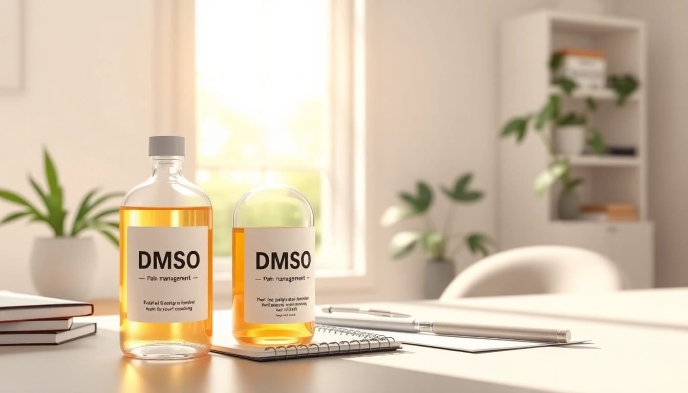 DMSO for pain displayed in a tranquil home office setting with natural light.