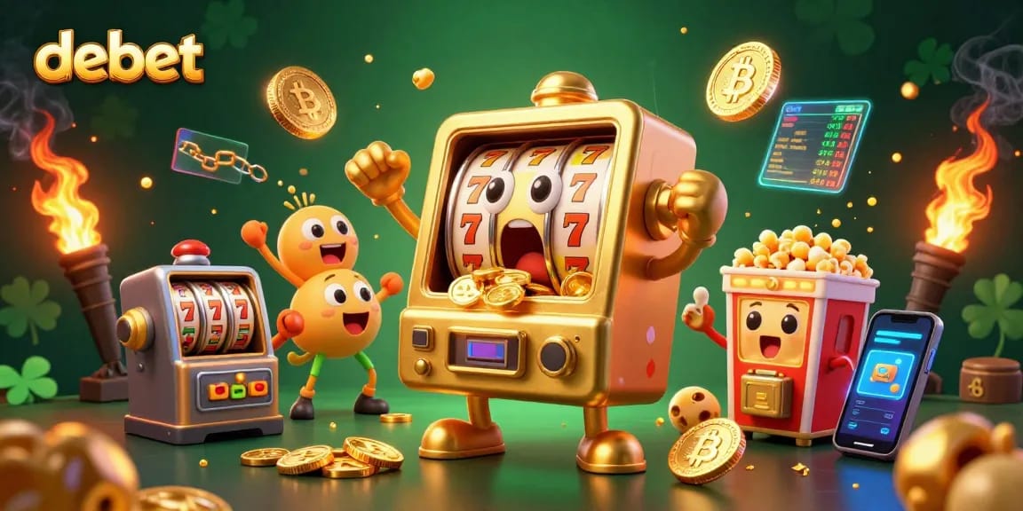 Spin to win with debet's dynamic slots featuring golden coins and cheering machines.