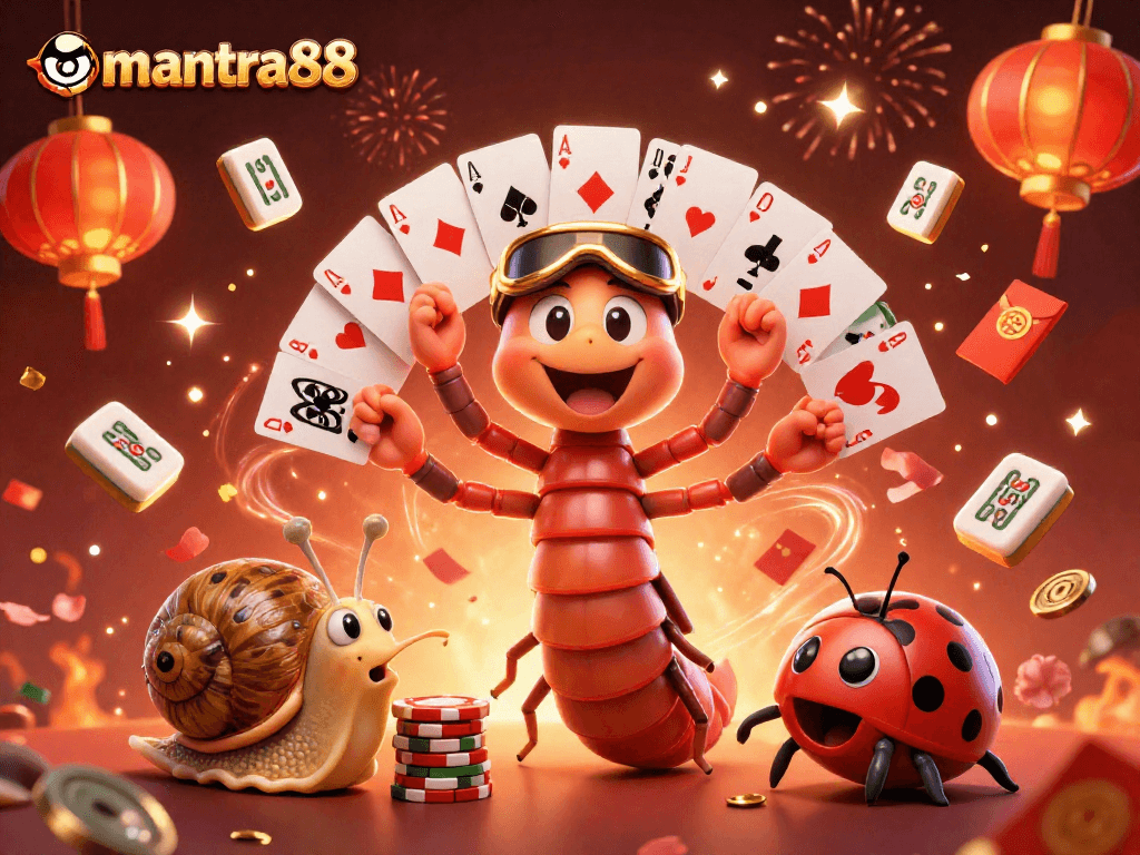 Join mantra88 with animated casino characters celebrating as the millipede dealer showcases winning cards.