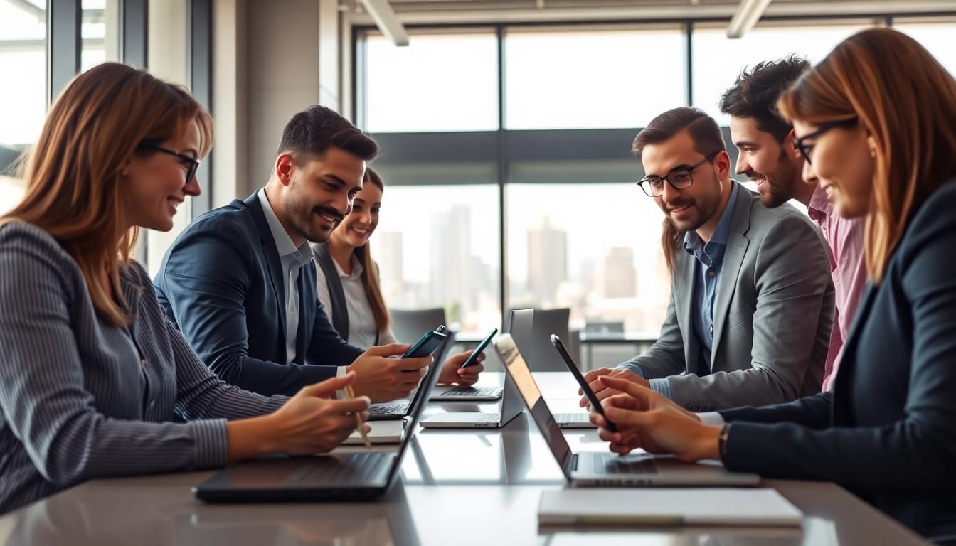 Engaging professionals discussing business mobile services strategies in a modern office setting.
