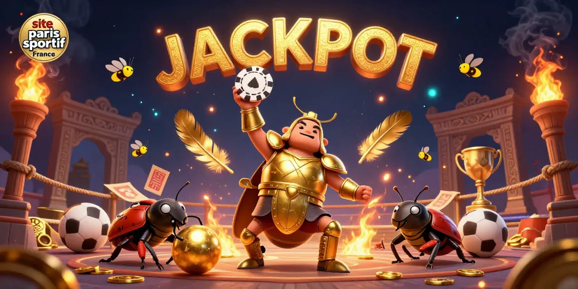 Jouer sur site paris sportif France avec une scène dynamique de succès en paris où un scarabée héros soulève un jeton de poker.