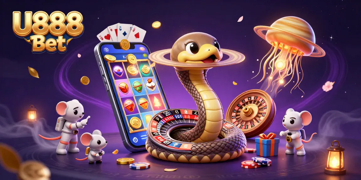 Experience the excitement of U888 Bet with an animated cosmic casino scene featuring delightful characters, vibrant games, and stunning visuals.
