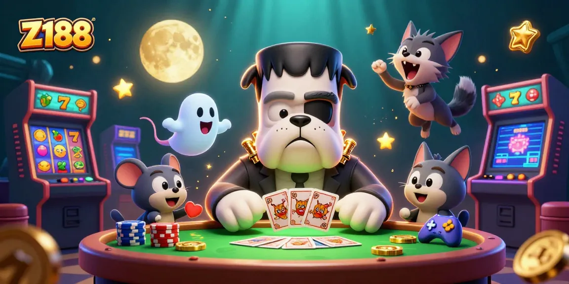 Experience thrilling gameplay at Z188 with a lively illustration of iconic casino characters and vibrant slot elements.