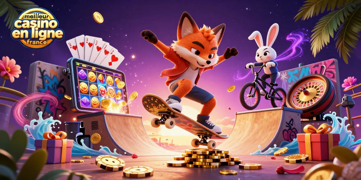 Meilleur casino en ligne France : Deux animaux de dessins animés s'amusent dans un environnement de casino vibrant.