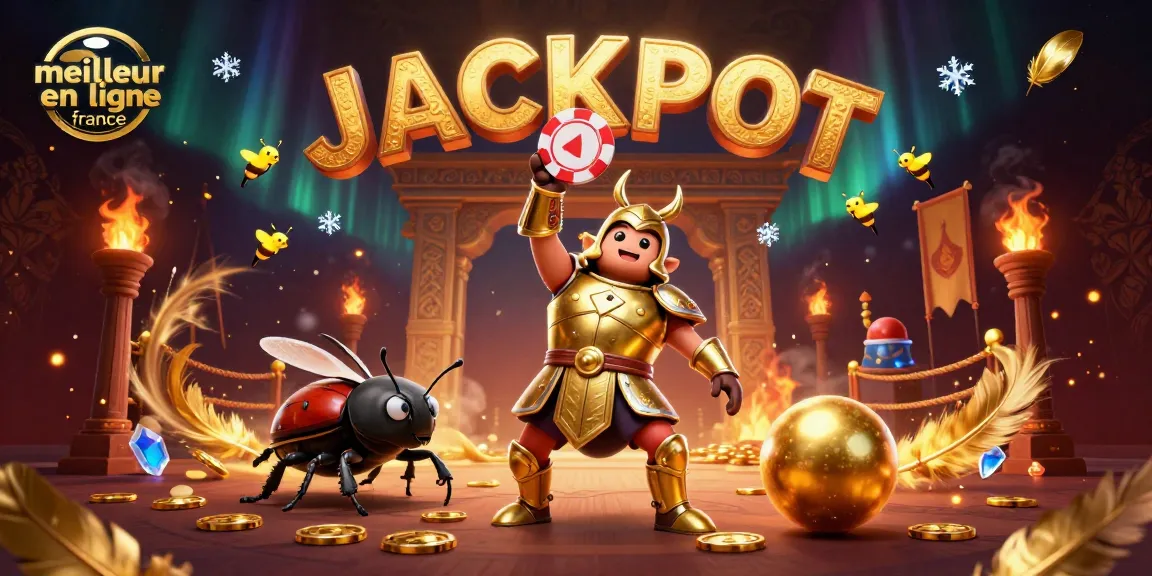 Le meilleur casino en ligne France avec un scarabée en armure levant un jeton de poker, illustrant la victoire.