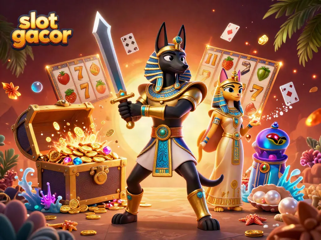 Experience slot gacor action with Anubis and treasures in an immersive casino scene.