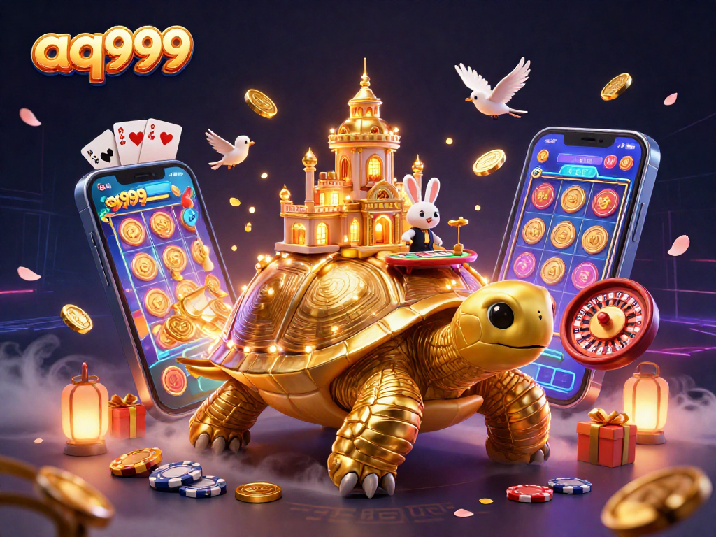 aq999 তথ্য কেন্দ্রের জন্য একটি চিত্তাকর্ষক 3D ডিজিটাল চিত্রণ, সোনালী কচ্ছপের উপর একটি ক্যাসিনো প্রাসাদসহ।