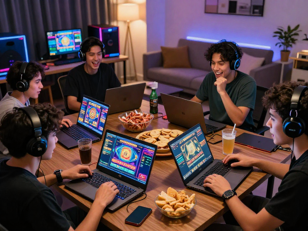 Pengalaman bermain slot gacor secara online bersama teman-teman di ruang tamu modern.