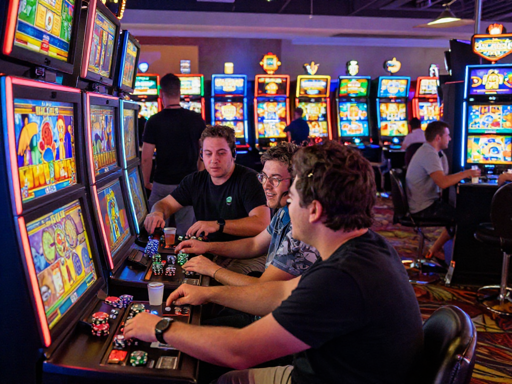 Slot gacor hari ini gamers enjoying vibrant slot machines in a lively casino atmosphere