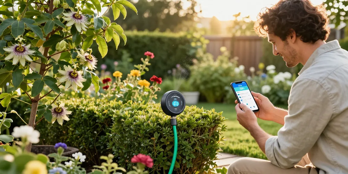 Efficiently managing garden care with the RainPoint WiFi Water Timer, showcasing vibrant greenery and a connected smartphone.
