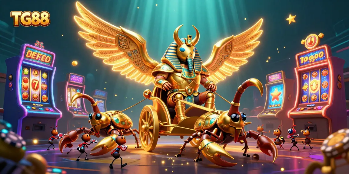Experience the excitement of TG88 with a colossal golden scarab and gaming elements.