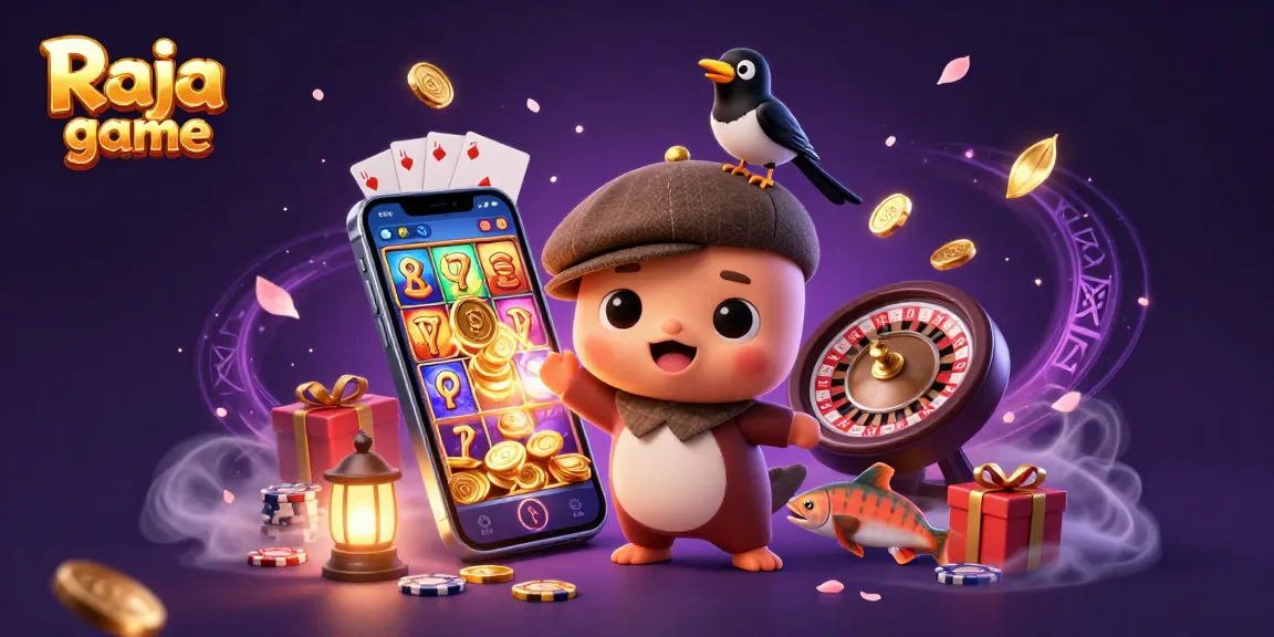 Engage in Raja game excitement with colorful slots, golden coins, and lively characters.