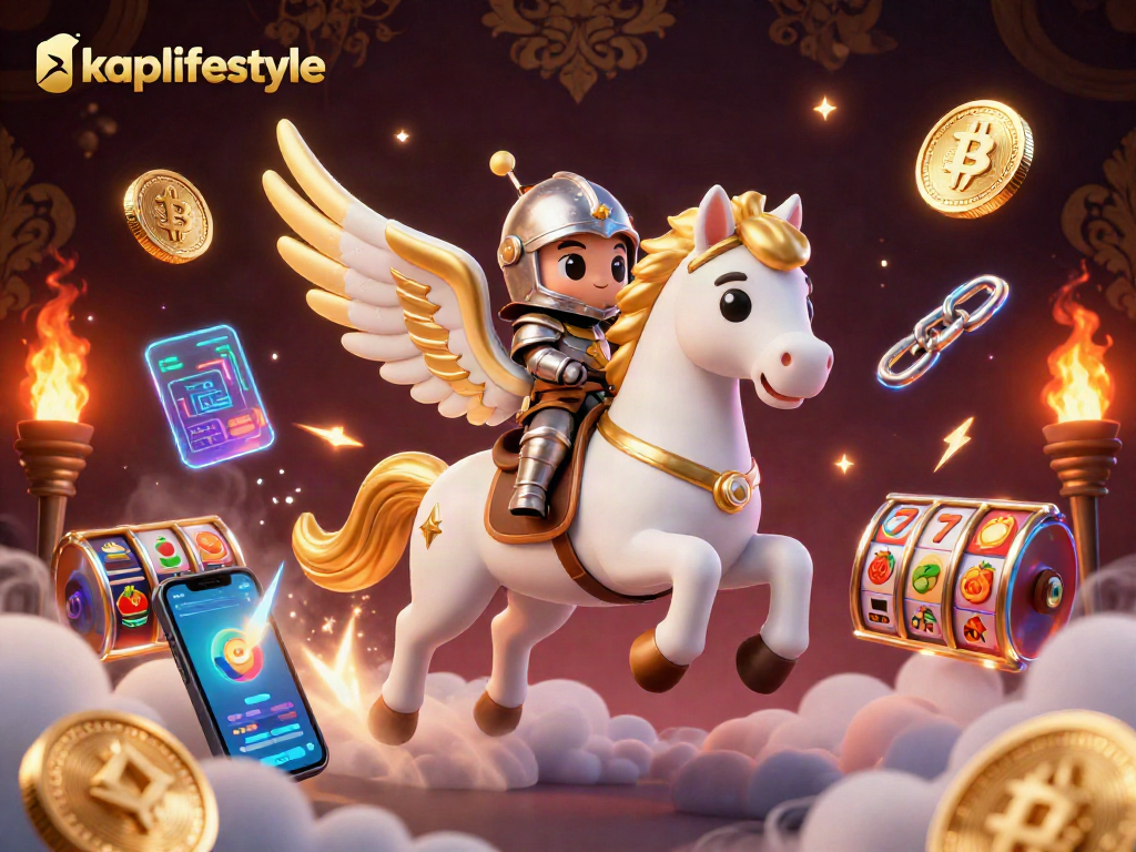 Experience thrilling casino adventures with kaplifestyle's 3D golden-winged knight, slot reels, and glowing crypto elements.