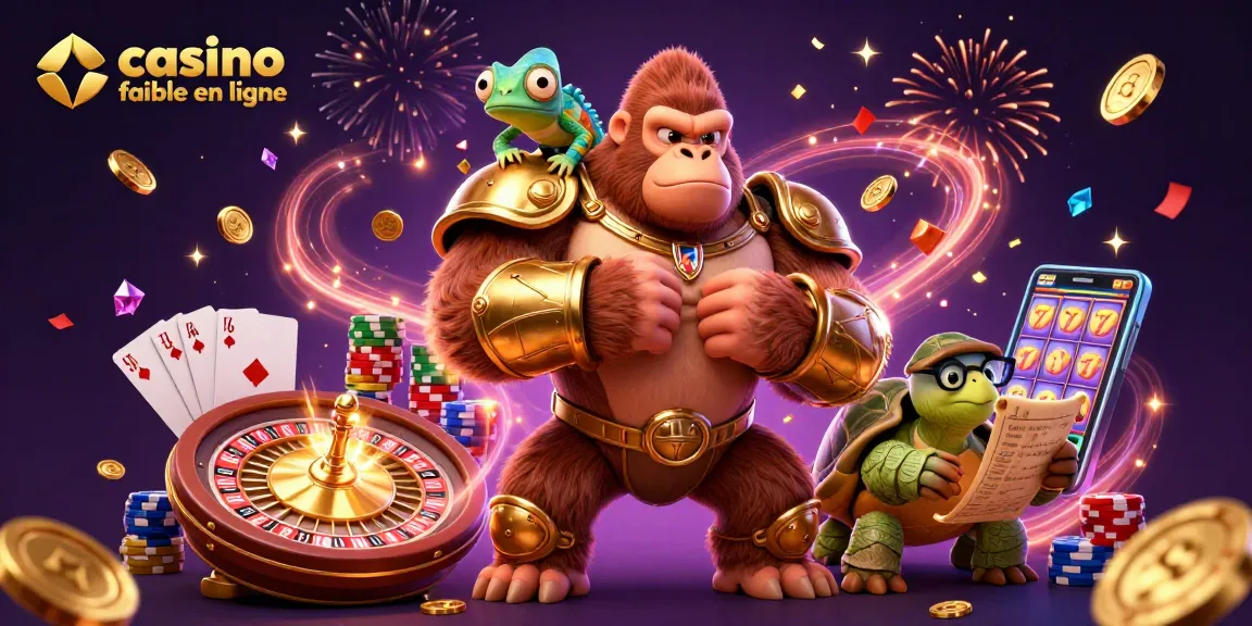 Illustration dynamique de casino fiable en ligne avec un roi gorille, un caméléon espion et une tortue sage parmi des éléments de jeu