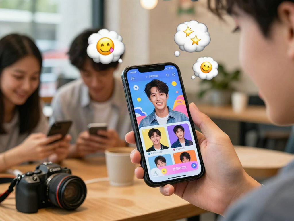 Find your celebrity look alike with fun app features in this engaging digital café scene.