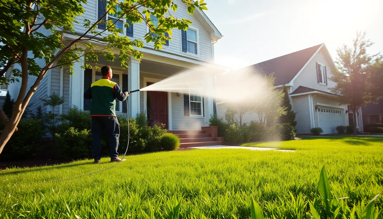 House Washing service revitalizing a home exterior in bright sunny conditions.