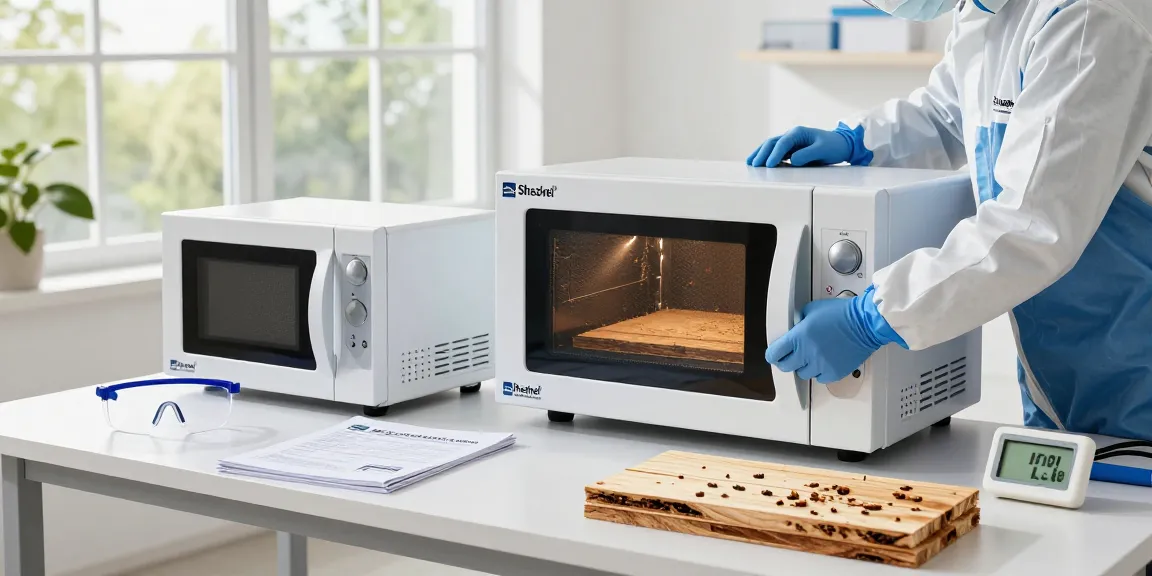 Shashel® microwave pest control technician demonstrating effective wood treatment in a bright industrial setting.