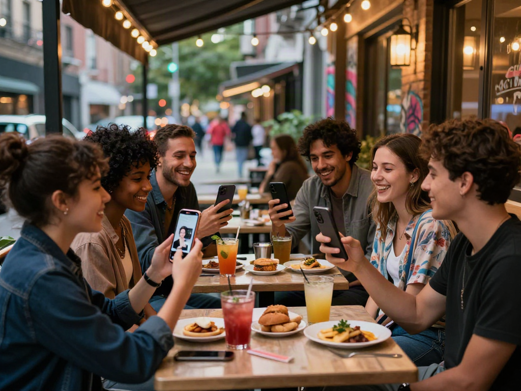 Friends testing attractiveness using a facial analysis app in a lively urban café.