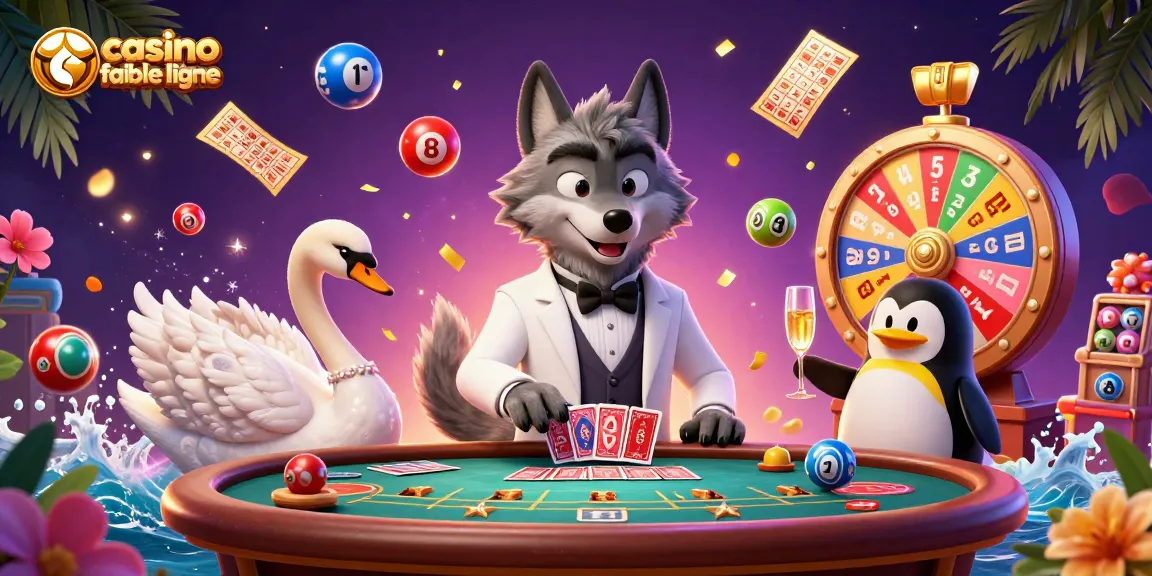 Illustration dynamique d'un casino fiable en ligne avec un loup en costume, un cygne, et un pingouin, animé par des boules de loterie colorées.