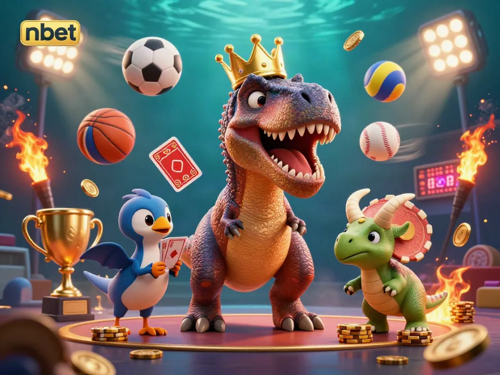 nbet showcases a vibrant 3D illustration of a T-Rex with cards, creating an engaging gambling scene.