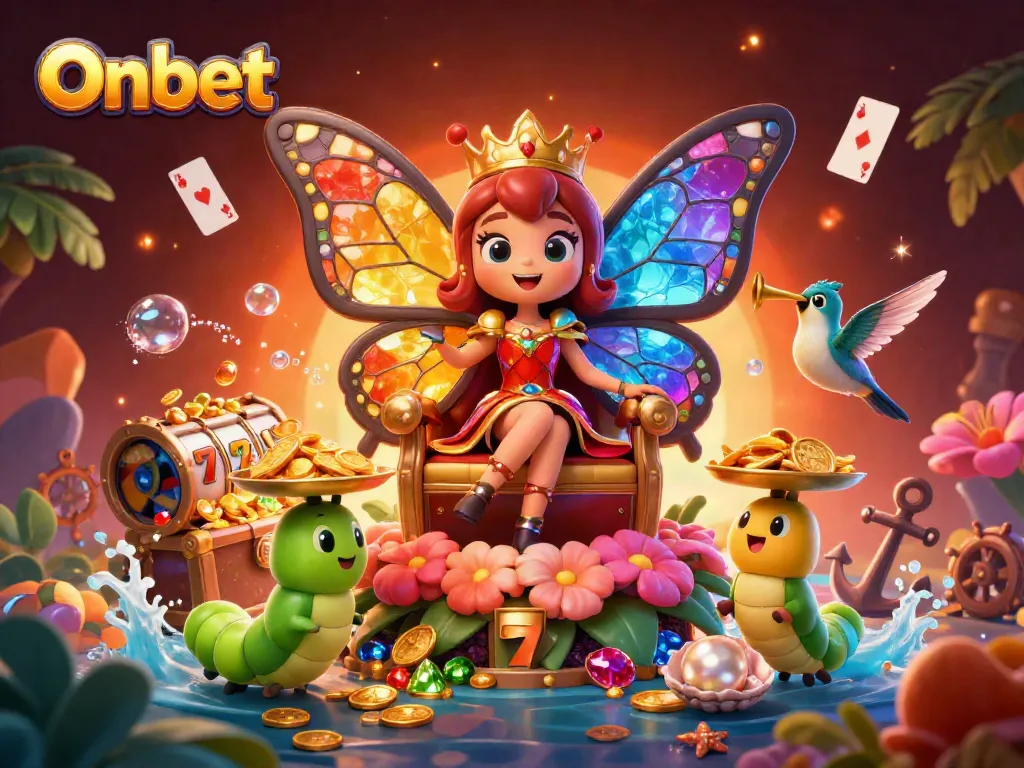 Onbet showcases a vibrant casino scene featuring a butterfly queen and dynamic gaming elements.