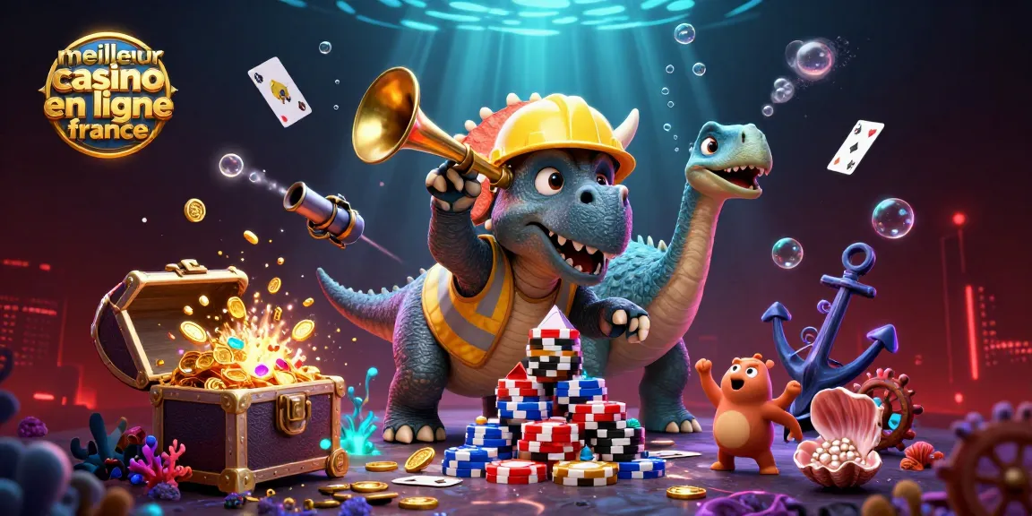 Découvrez le meilleur casino en ligne France avec une scène dynamique de dinosaures et éléments de casino.