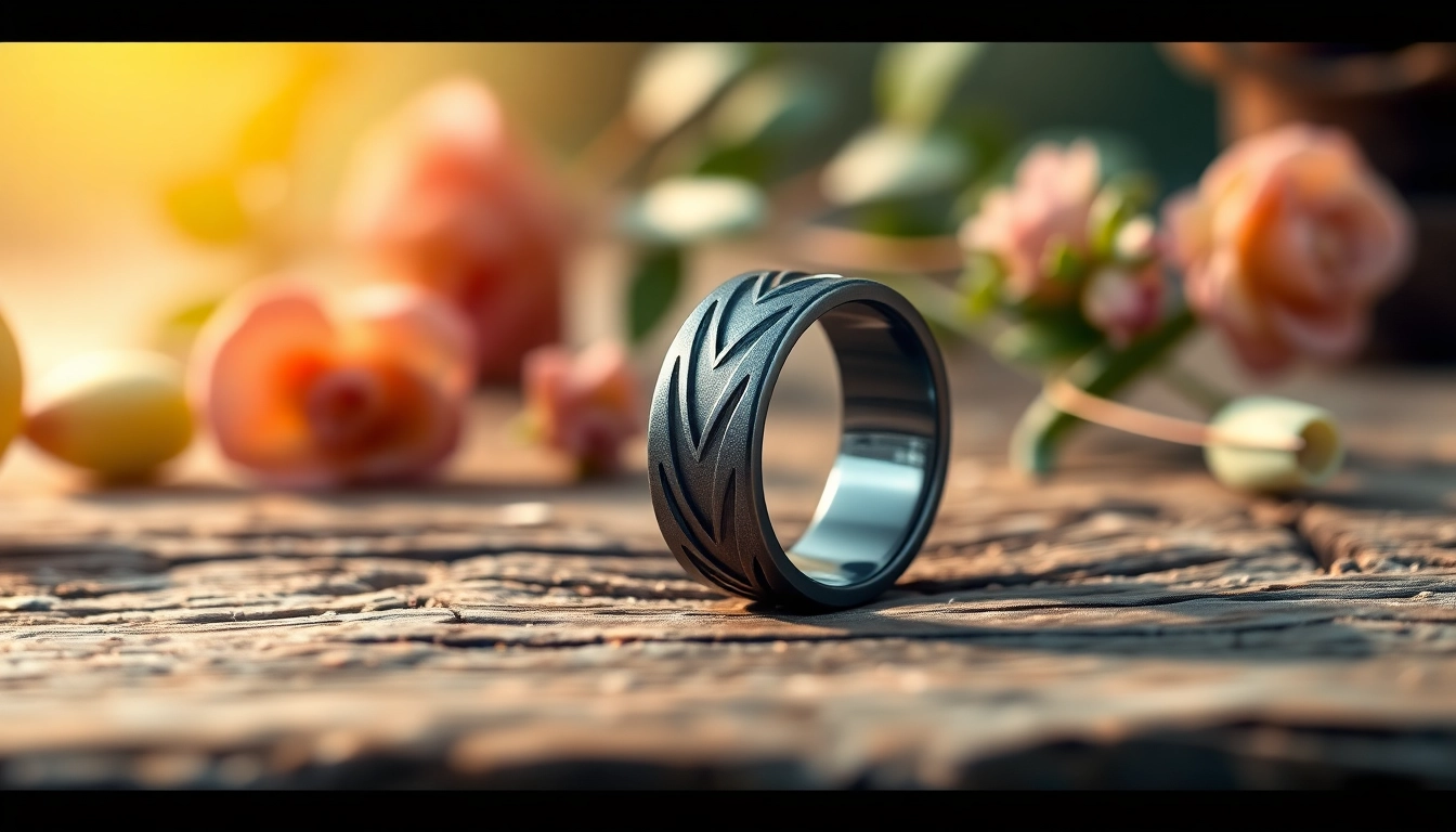 Showcase of Gunmetal Wedding Bands for Men highlighting sleek design against a rustic background.