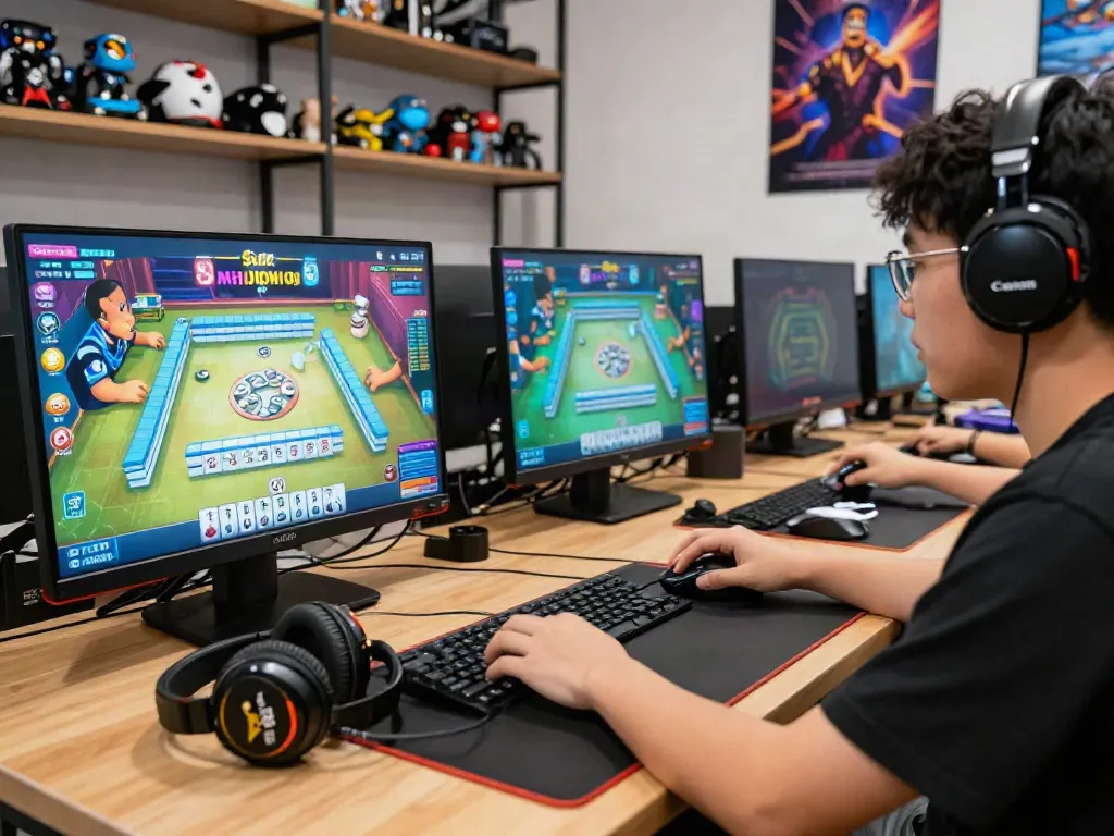 Engaged gamer playing Slot MAHJONGJP88 with vibrant graphics and gaming gear.