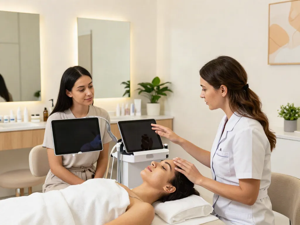Beauty consultation showcasing facial analysis alternatives to QOVES in a modern clinic setting
