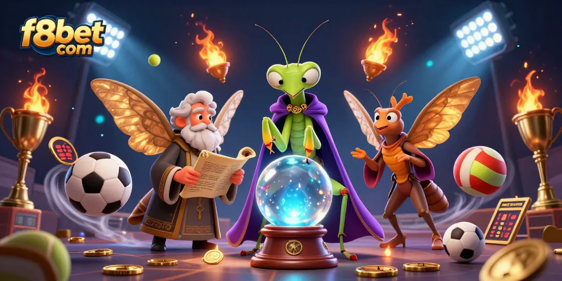 Win at f8bet com with vibrant 3D illustration featuring a dynamic fortune teller and sports elements.