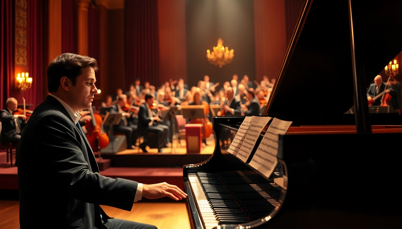 Interpretarea muzicii clasice într-un concert elegant cu un pianist talentat.