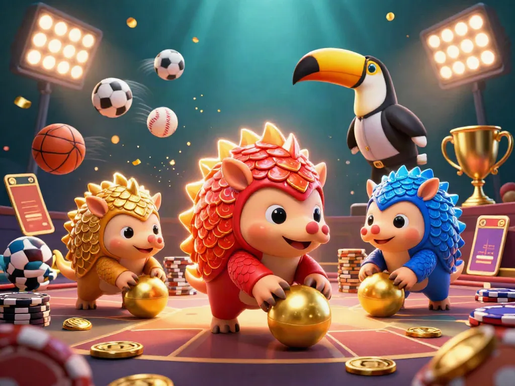 Rival pangolins in armor roll golden balls at W188 com, surrounded by vibrant sports betting elements.