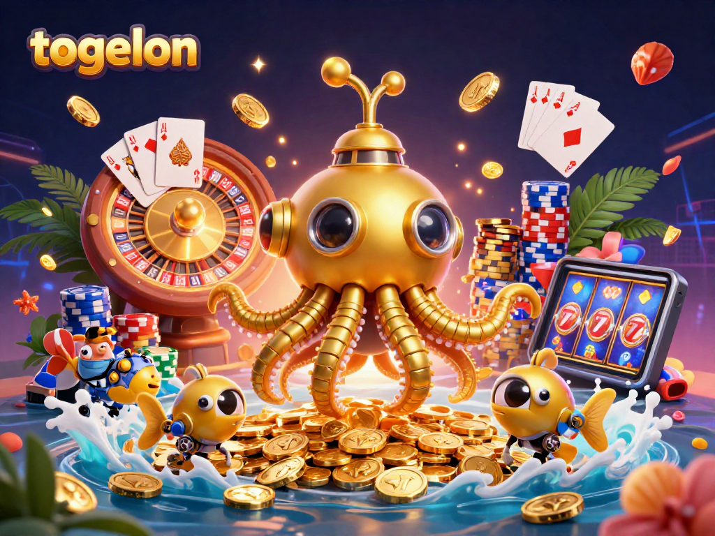 Engage with the world of togelon featuring a golden kraken submarine amidst coins, spinning roulette, and colorful poker chips.