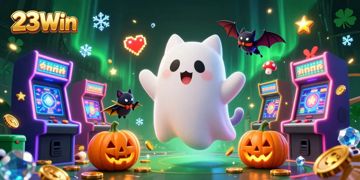 Engage with 23Win through a vibrant scene featuring a ghost cat and bat companion in a haunted casino