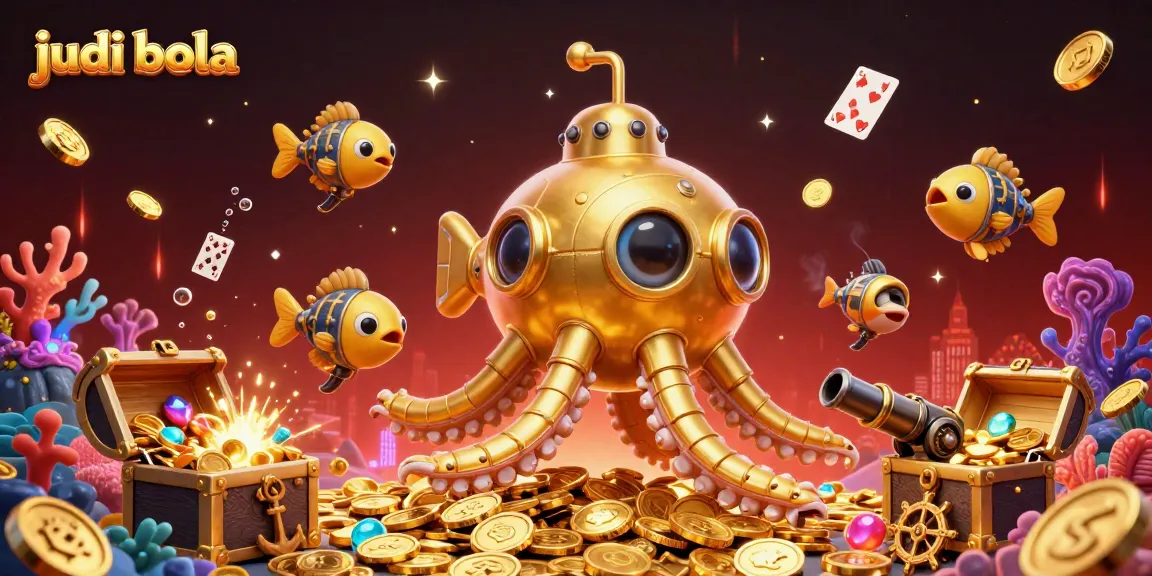 Menangkan permainan judi bola dengan ilustrasi 3D kraken emas yang dikelilingi koin dan kartu.