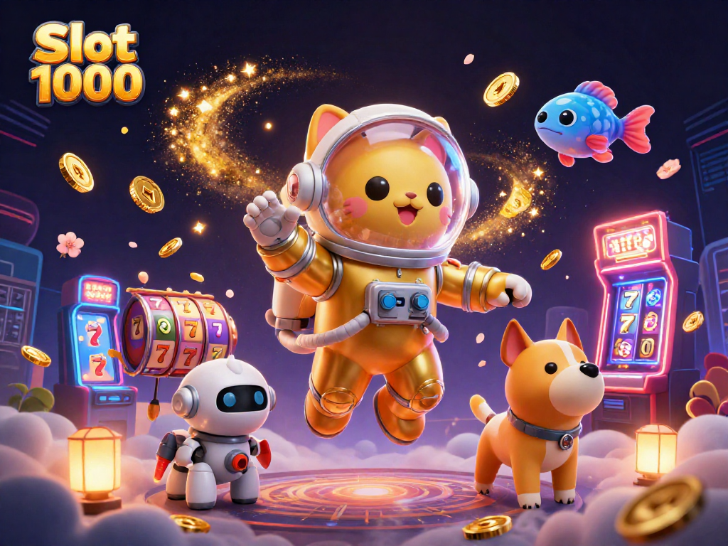 Experience excitement with Slot 1000 as a space astronaut cat and robot dog explore vibrant casino adventures.
